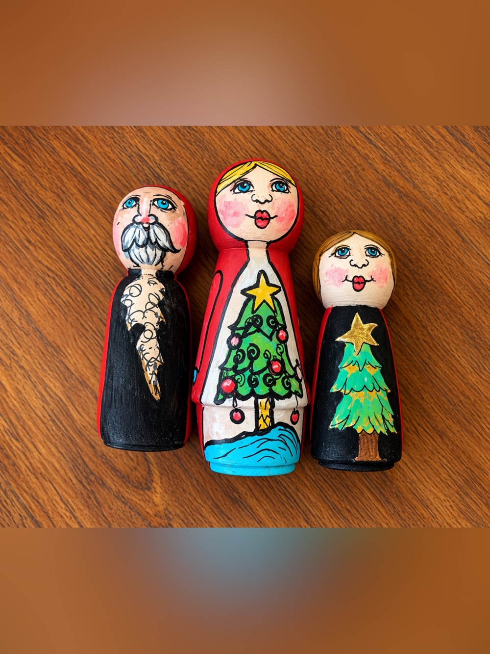 Hand-Painted Holiday Peg Doll Trio - Red, Black, Blue Accents